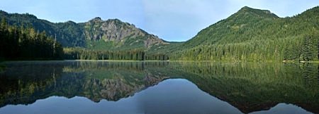 Mt. Beachie and Battle Ax Mountain rise above Elk Lake